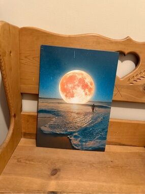 Moonlit Beach Metal Print Art - Orange Moon, Blue Ocean